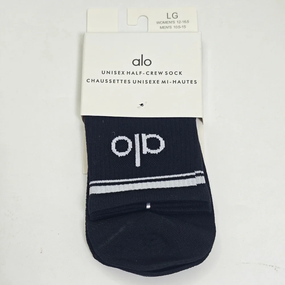 ALO Yoga Black Half-Crew Socks with White Logo and Stripes